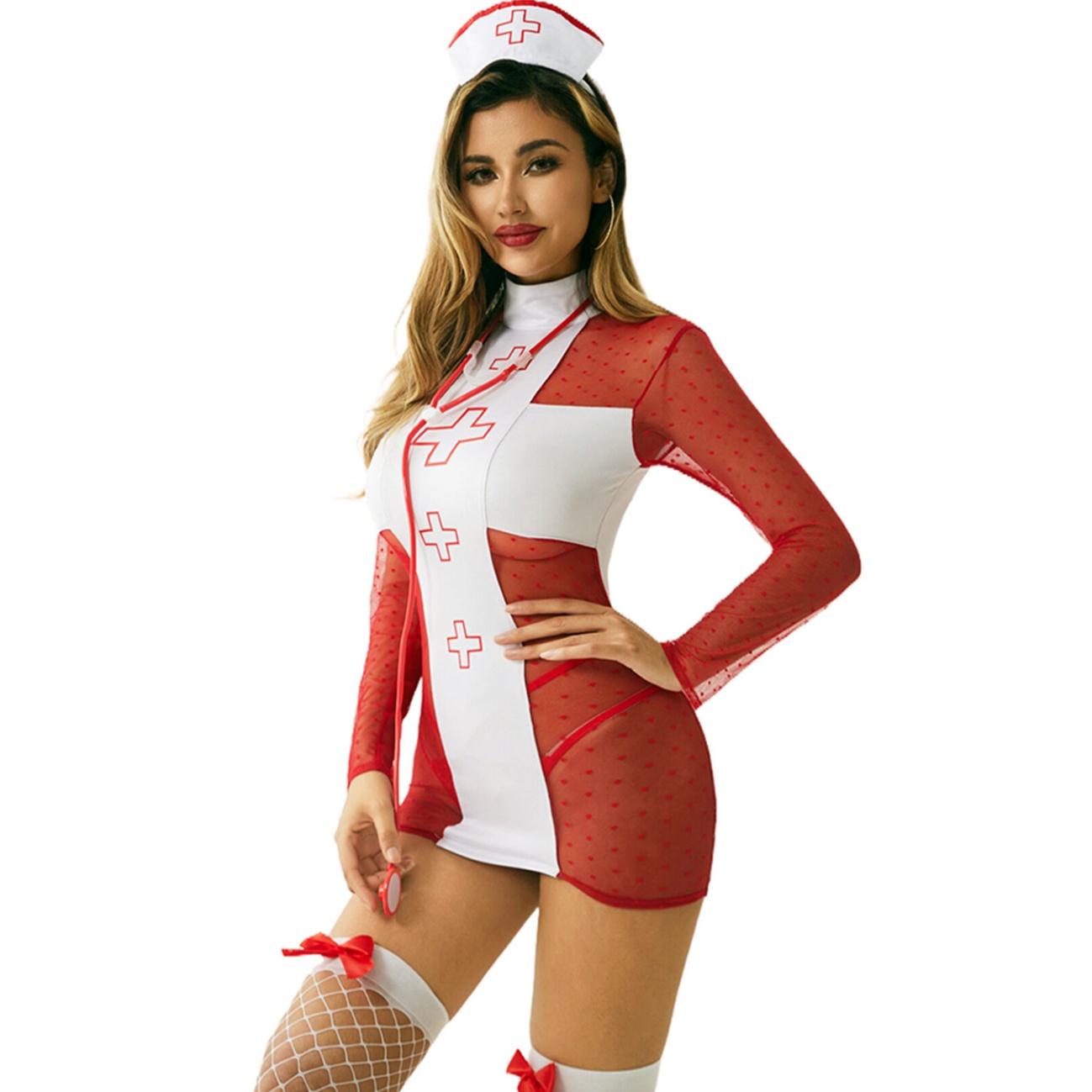 Halloween Nurse Costume with Red Mesh Details  Includes Hat and Stockings